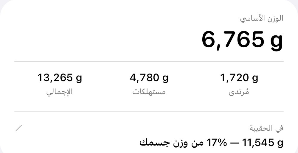 ملخّص أوزان حقيبة باسم «تدريب المستوى الفضي، ثلاثة أيام»: الوزن الأساسي 6,765 g، وما يُرتدى 1,720 g، والمستهلكات 4,780 g، والإجمالي 13,265 g، و11,545 g داخل الحقيبة، أي 17% من وزن الجسم