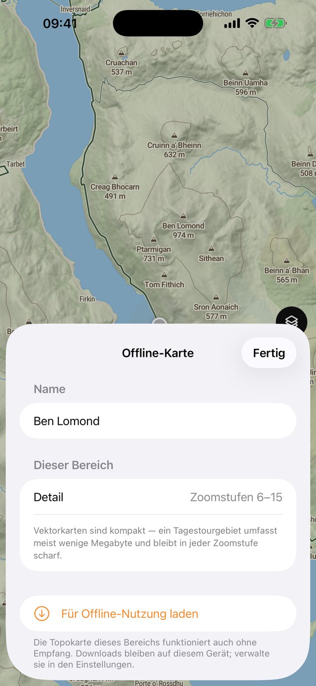 Das Fenster „Offline-Karte“ über dem Ben Lomond: ein Name für den Bereich, die enthaltenen Details und die Taste „Für Offline-Nutzung laden“