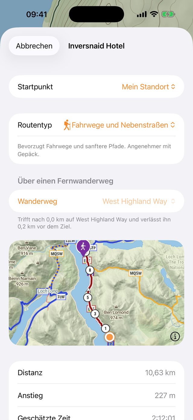 Das Fenster „Hierhin wandern“: eine Route zum Inversnaid Hotel entlang des West Highland Way, mit Distanz, Anstieg und geschätzter Zeit über der Karte