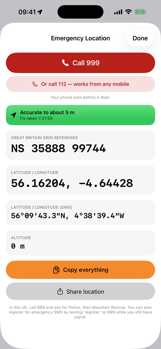 Emergency Location: a call button, GPS accuracy, grid reference and coordinates in large type
