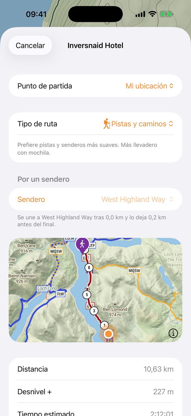 Una ruta planificada por el West Highland Way en el mapa, con su distancia, su desnivel positivo y su tiempo estimado