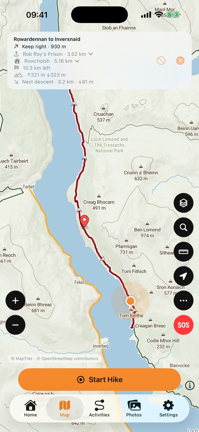 Following the West Highland Way from Rowardennan to Inversnaid: the route drawn on the map with the next turn, ‘Keep right in 930 m’, the next waypoint 3.52 km away, 10.3 km left and the climb to come