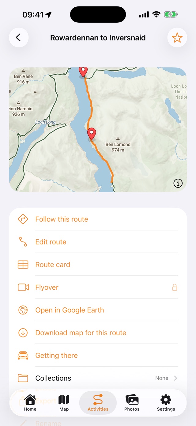 Eine gespeicherte Wanderung: die Route auf der Karte, ihr Höhenprofil, die Wegpunkte und die verfügbaren Aktionen