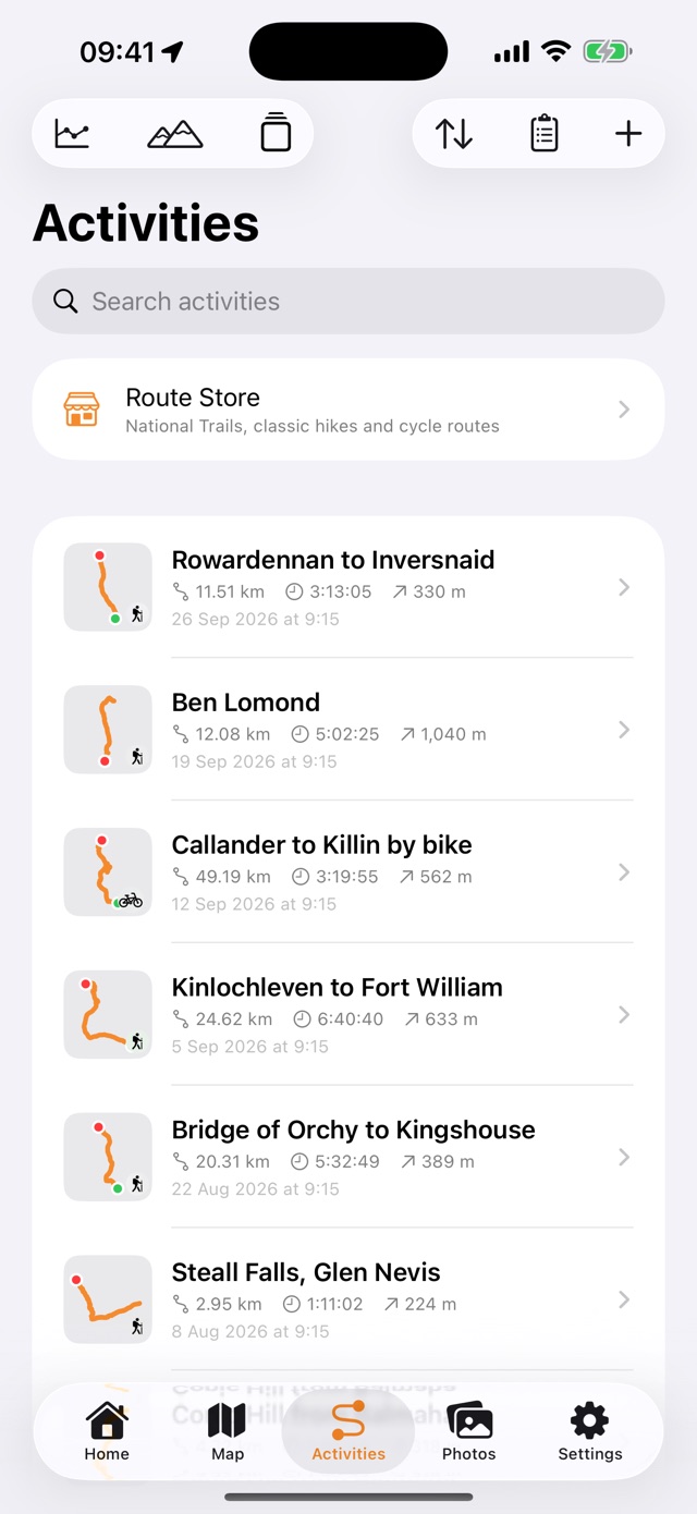 The Activities list: Scottish walks and a bike ride, with distance, time and ascent for each