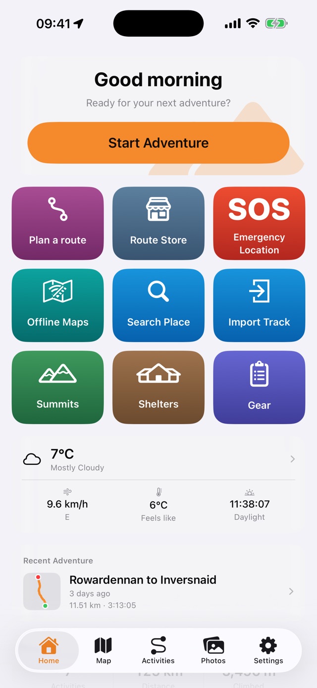 The Home screen: Start Adventure, Plan a route, the Route Store, Emergency Location, Offline Maps, Search Place, Import Track, Summits, Shelters and Gear, with today’s weather and a recent adventure