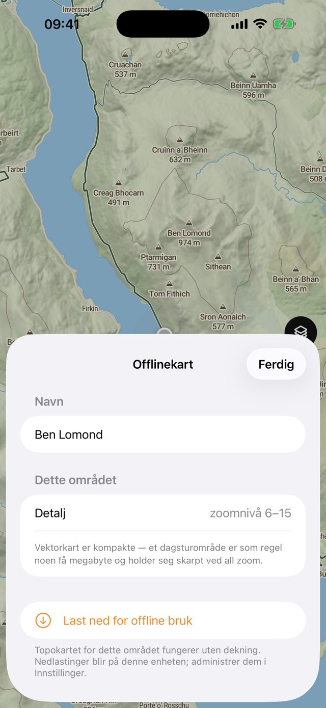 Offlinekart-arket over Ben Lomond: et navn på området, detaljene som er med, og knappen Last ned for offline bruk