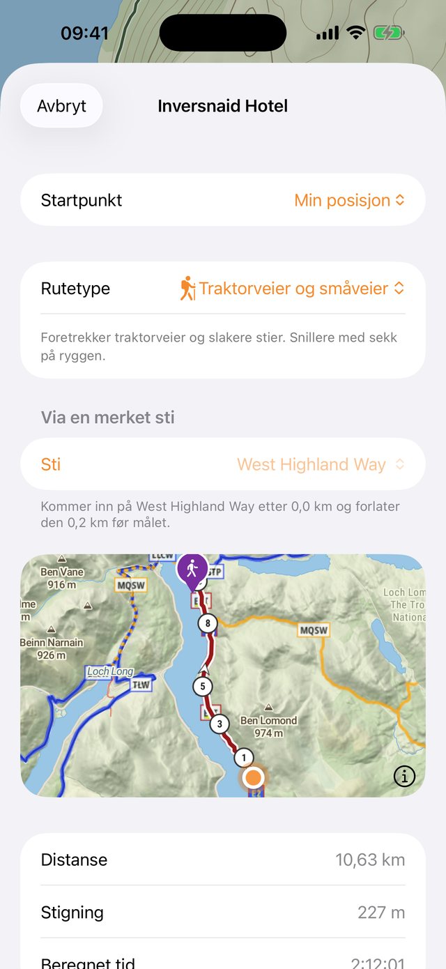 En planlagt rute langs West Highland Way på kartet, med distanse, stigning og beregnet tid