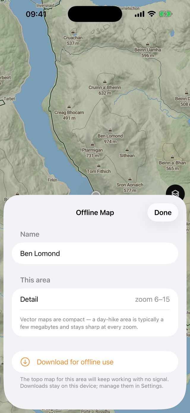 The Offline Map sheet over Ben Lomond: a name for the area, the detail included, and a Download for offline use button