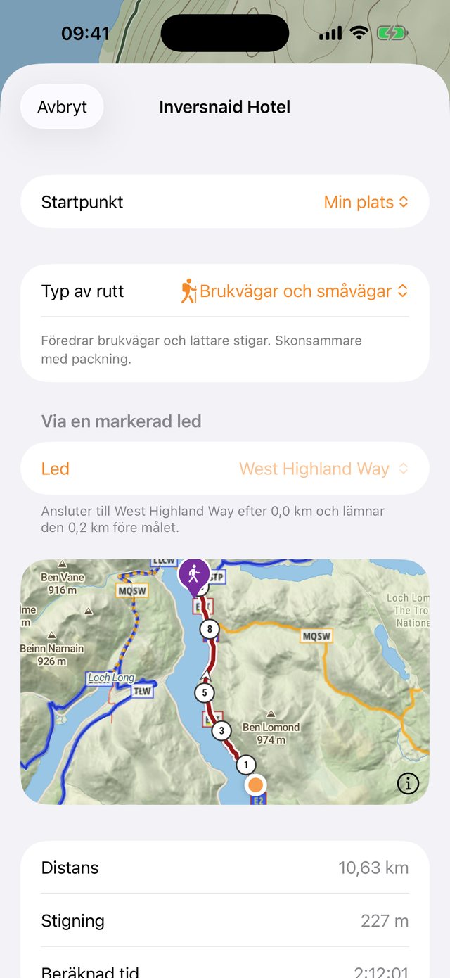 En planerad rutt längs West Highland Way på kartan, med distans, stigning och beräknad tid