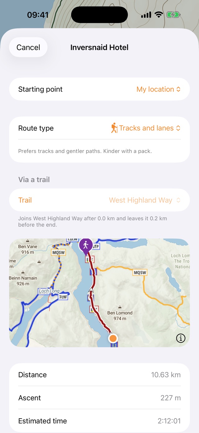 The Walk here sheet: a route to the Inversnaid Hotel along the West Highland Way, with its distance, ascent and estimated time above the map