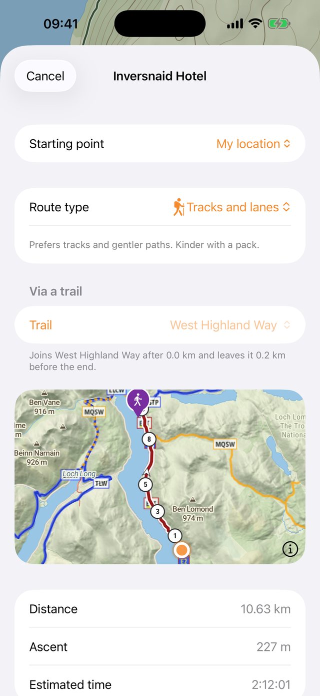 The Walk here sheet: a route to the Inversnaid Hotel along the West Highland Way, with its distance, ascent and estimated time above the map