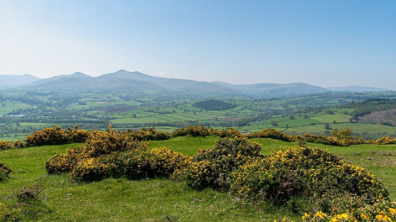Brecon: Pen y Crug hillfort, the Cathedral and the Usk